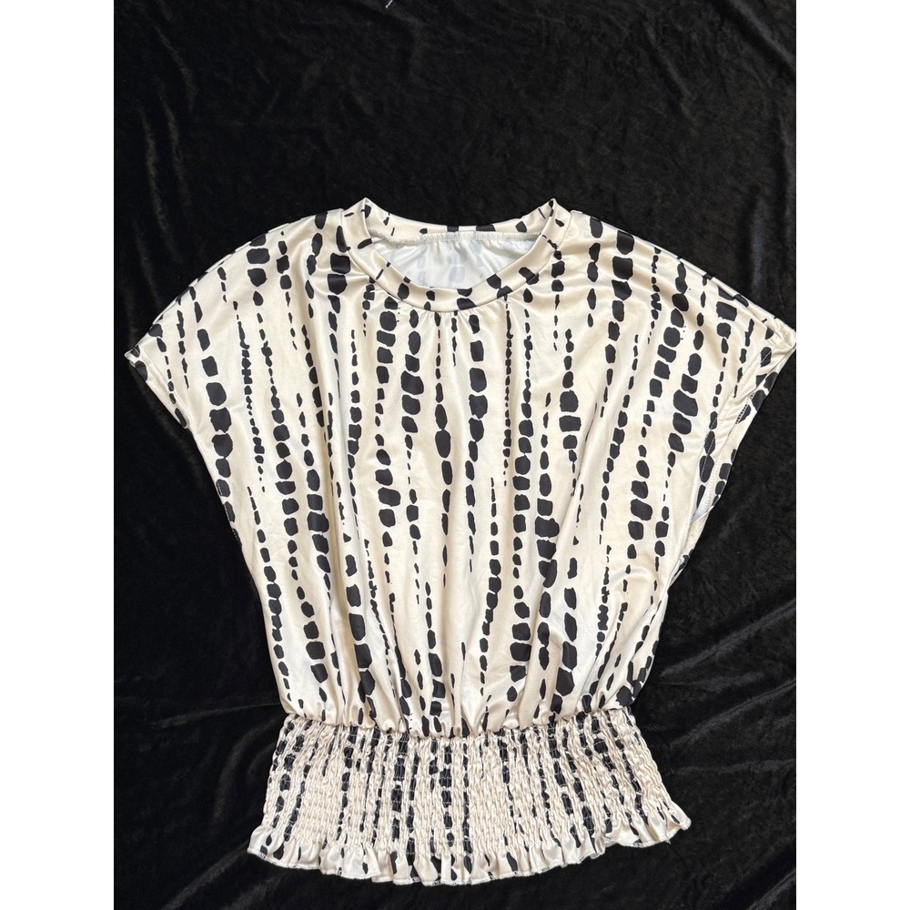 Womens S Abstract Dot‎ Print Smocked Hem Blouse Cream Black Dolman Sleeve Top